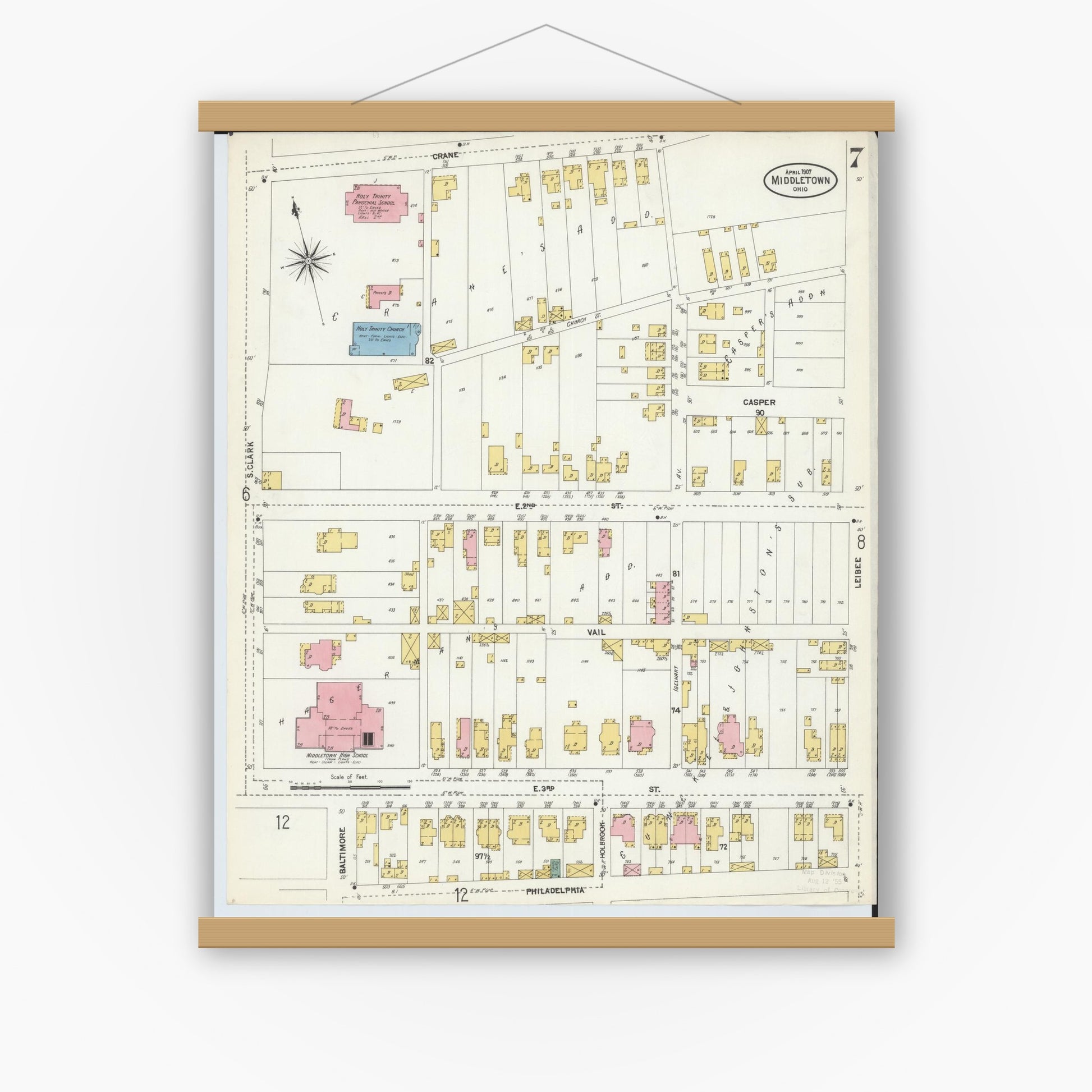 Old map wall art mockup — magnetic wood frame on white wall — Sanborn Fire Insurance Map from Middletown, Butler County, Ohio (1907), Sheet #0007