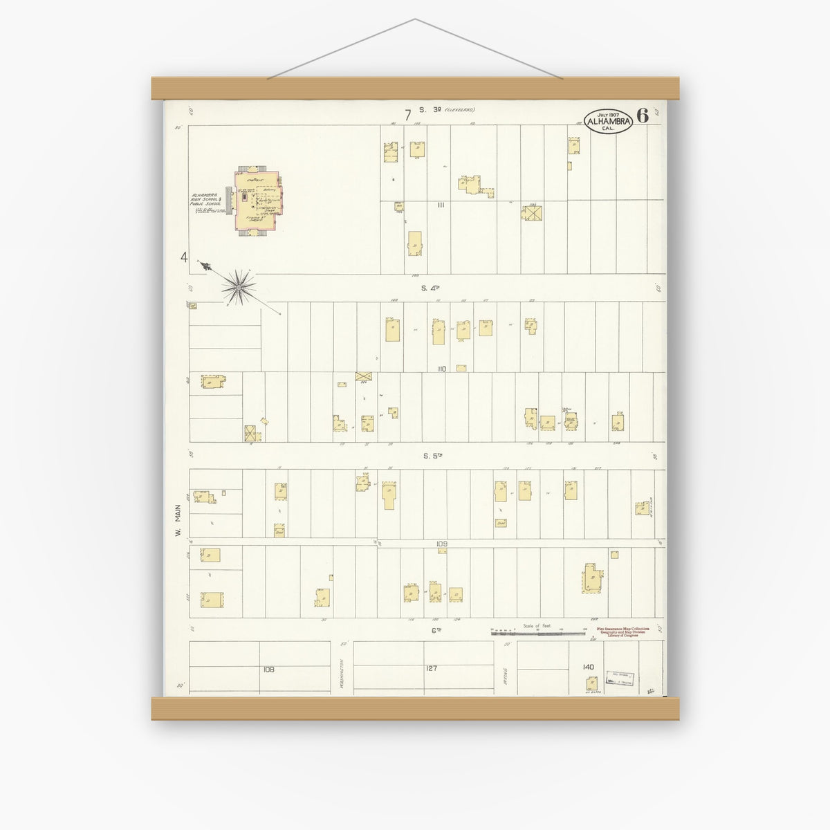 Old map wall art mockup — magnetic wood frame on white wall — Sanborn Fire Insurance Map from Alhambra, Los Angeles County, California (1907), Sheet #0006