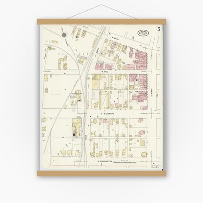 Old map wall art mockup — magnetic wood frame on white wall — Sanborn Fire Insurance Map from Attica, Fountain County, Indiana (1910), Sheet #0005