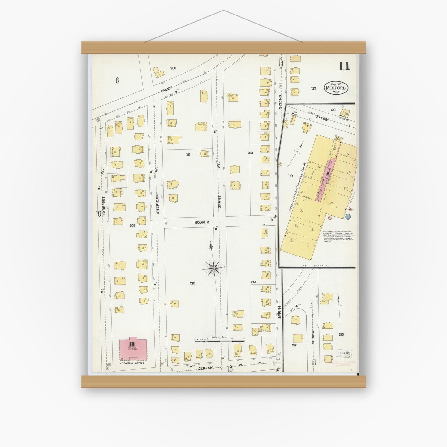 Old map wall art mockup — magnetic wood frame on white wall — Sanborn Fire Insurance Map from Medford, Middlesex County, Massachusetts (1903), Sheet #0011