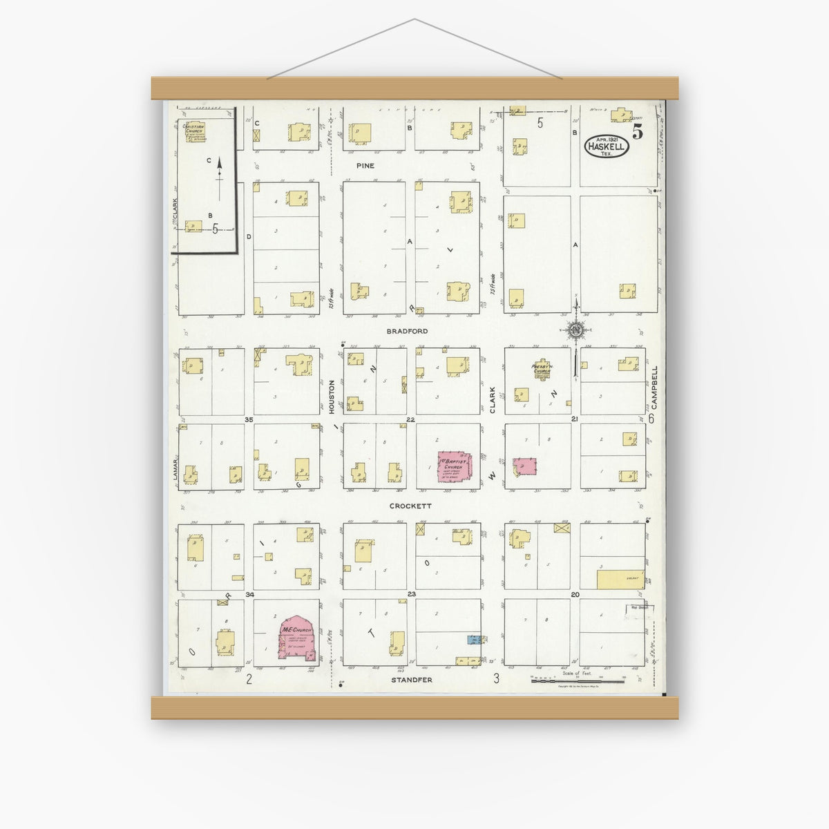 Old map wall art mockup — magnetic wood frame on white wall — Sanborn Fire Insurance Map from Haskell, Haskell County, Texas (1921), Sheet #0005