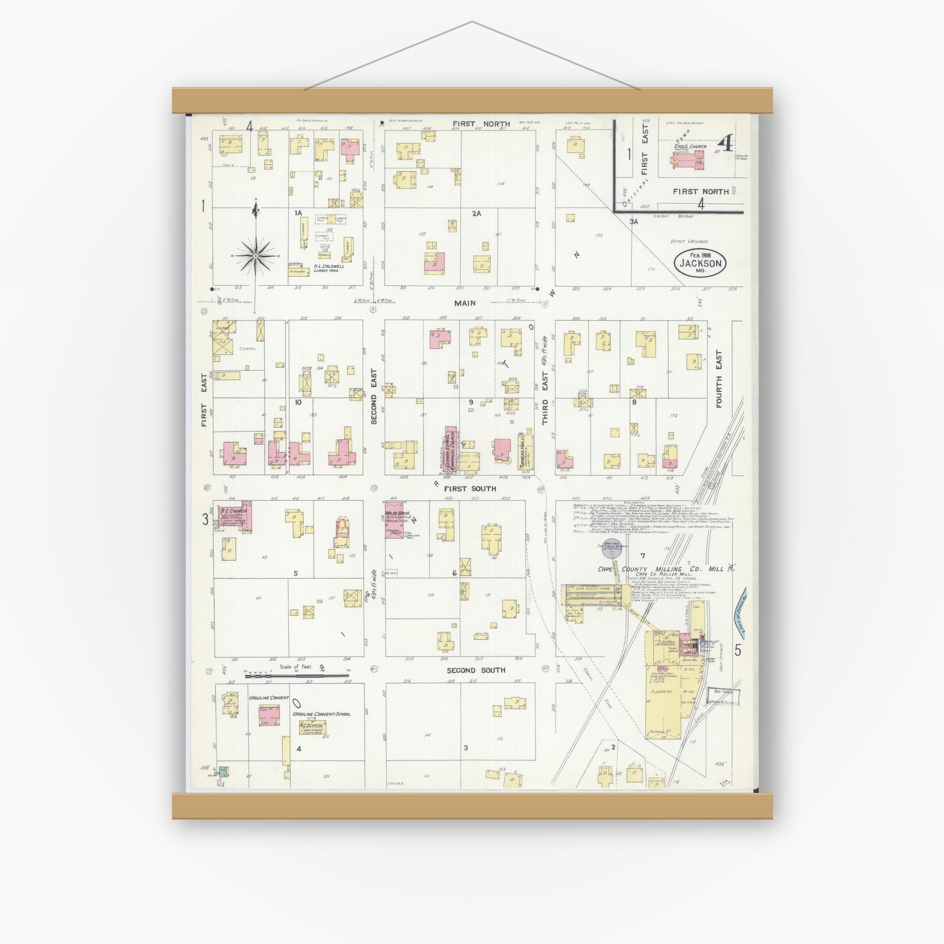 Old map wall art mockup — magnetic wood frame on white wall — Sanborn Fire Insurance Map from Jackson, Cape Girardeau County, Missouri (1908), Sheet #0004