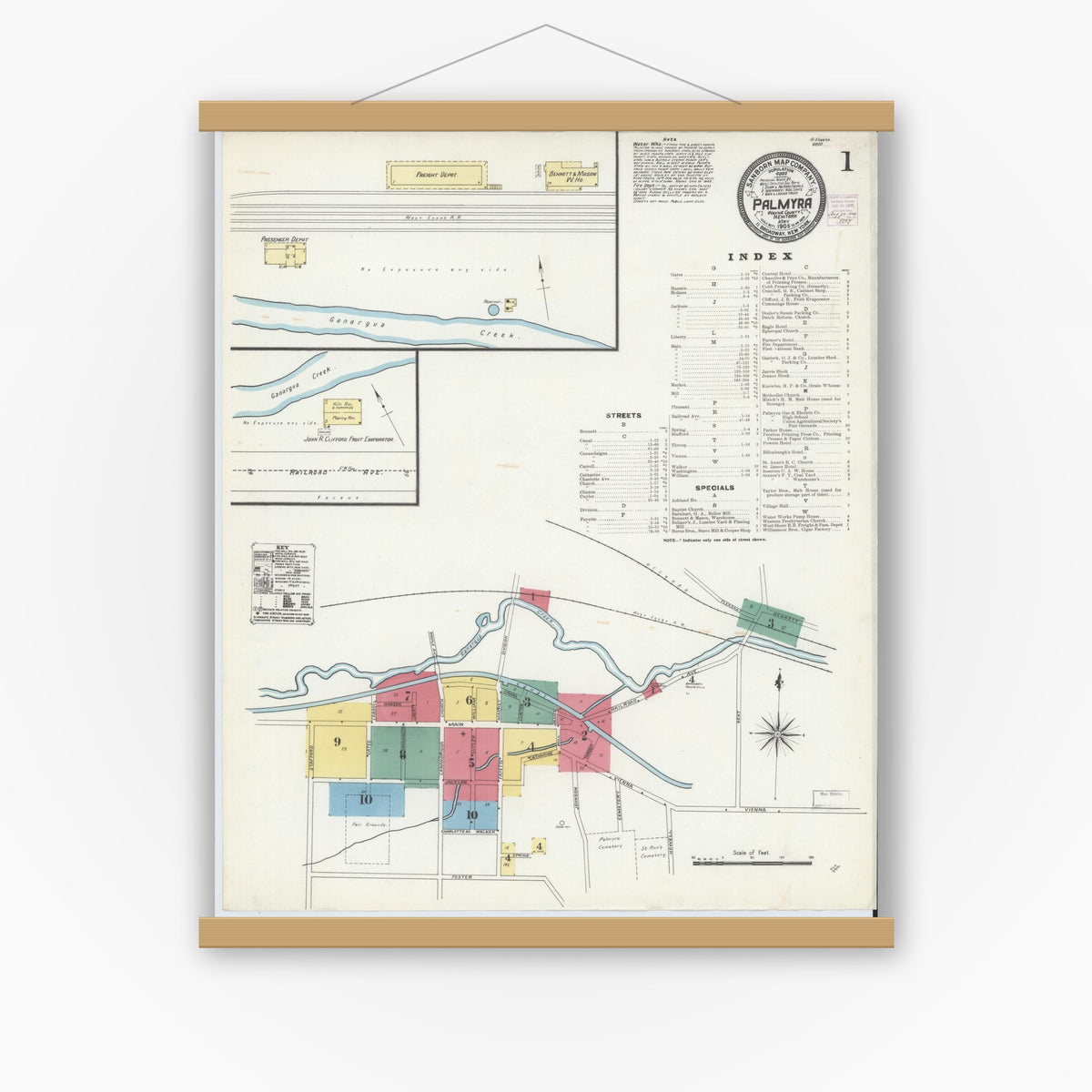Old map wall art mockup — magnetic wood frame on white wall — Sanborn Fire Insurance Map from Palmyra, Wayne County, New York (1906), Sheet #0001