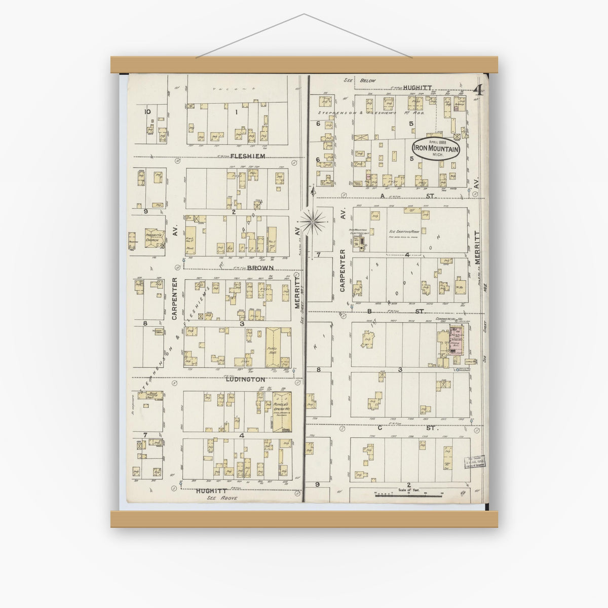Old map wall art mockup — magnetic wood frame on white wall — Sanborn Fire Insurance Map from Iron Mountain, Dickinson County, Michigan (1888), Sheet #0004