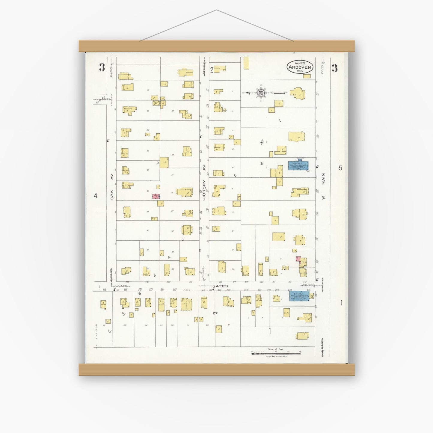 Old map wall art mockup — magnetic wood frame on white wall — Sanborn Fire Insurance Map from Andover, Ashtabula County, Ohio (1926), Sheet #0003