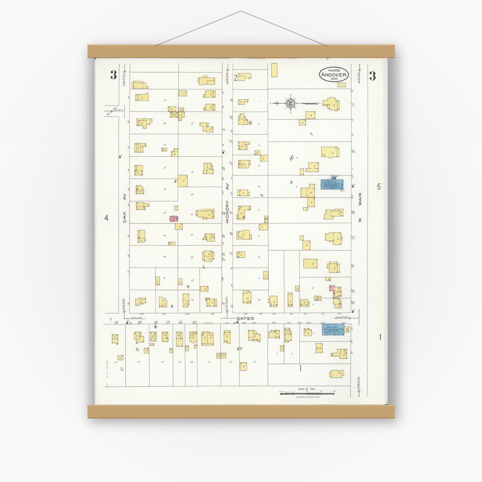 Old map wall art mockup — magnetic wood frame on white wall — Sanborn Fire Insurance Map from Andover, Ashtabula County, Ohio (1926), Sheet #0003