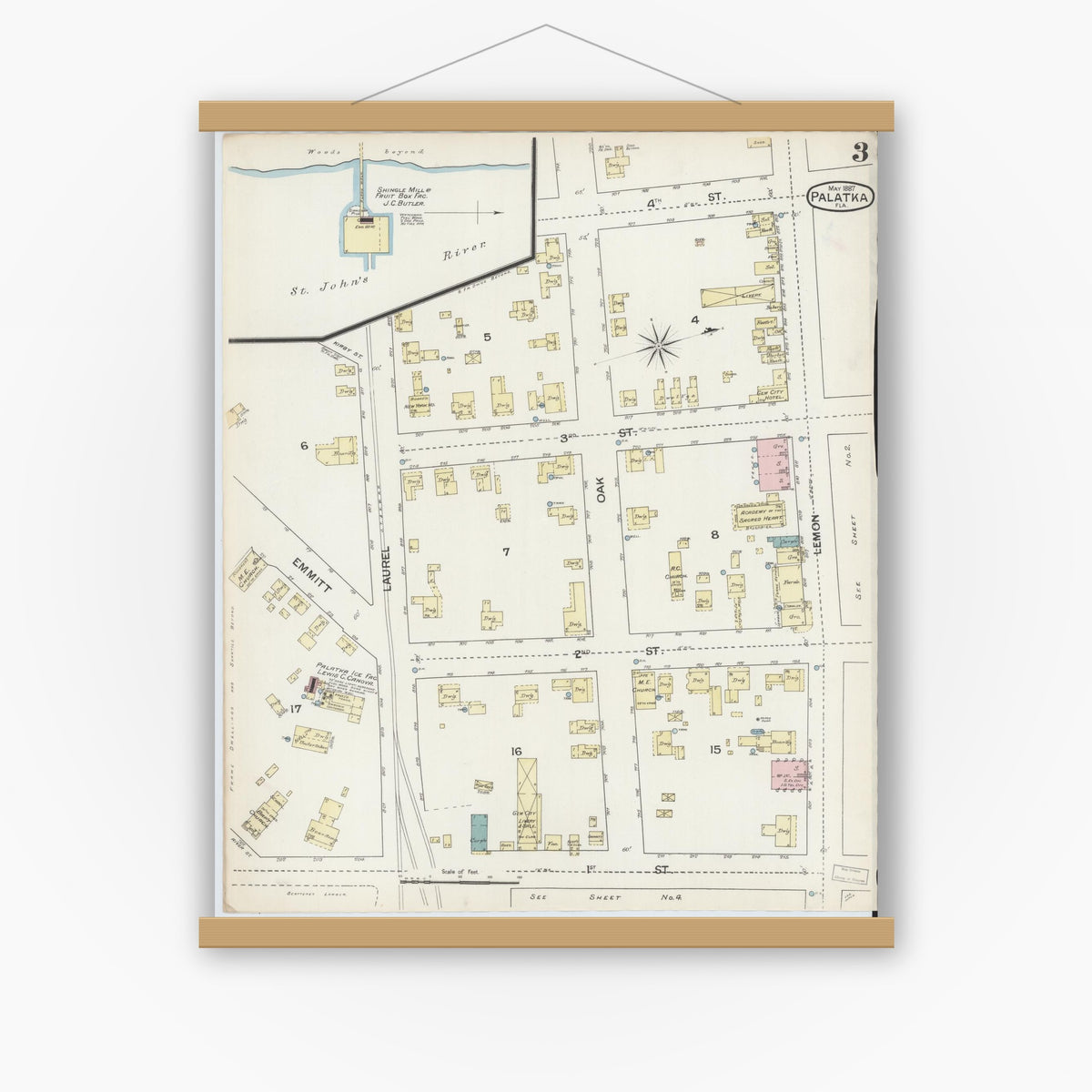 Old map wall art mockup — magnetic wood frame on white wall — Sanborn Fire Insurance Map from Palatka, Putnam County, Florida (1887), Sheet #0003