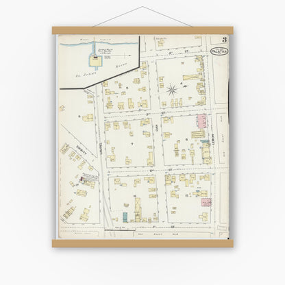 Old map wall art mockup — magnetic wood frame on white wall — Sanborn Fire Insurance Map from Palatka, Putnam County, Florida (1887), Sheet #0003