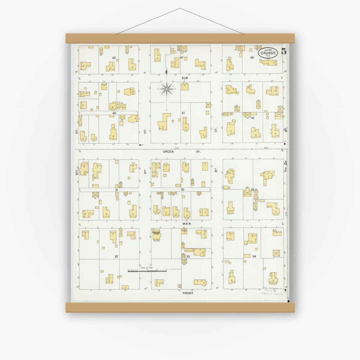 Old map wall art mockup — magnetic wood frame on white wall — Sanborn Fire Insurance Map from Orange, Orange County, Texas (1901), Sheet #0005
