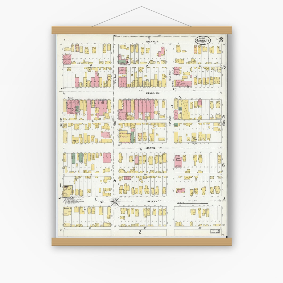 Old map wall art mockup — magnetic wood frame on white wall — Sanborn Fire Insurance Map from Garrett, De Kalb County, Indiana (1901), Sheet #0003