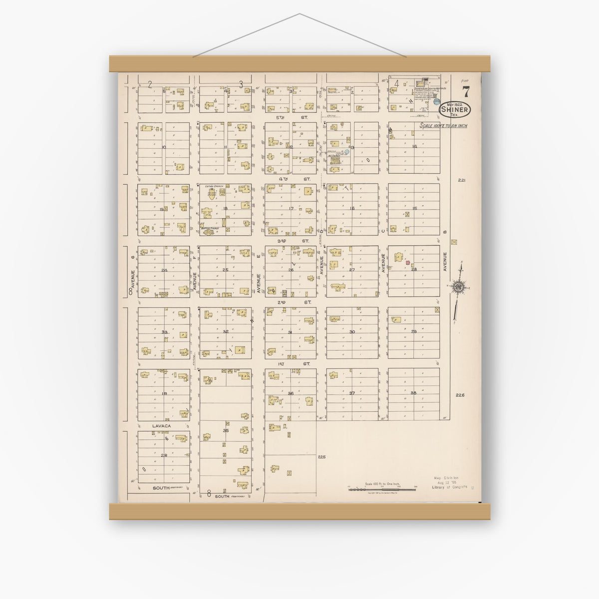 Old map wall art mockup — magnetic wood frame on white wall — Sanborn Fire Insurance Map from Shiner, Lavaca County, Texas (1922), Sheet #0007