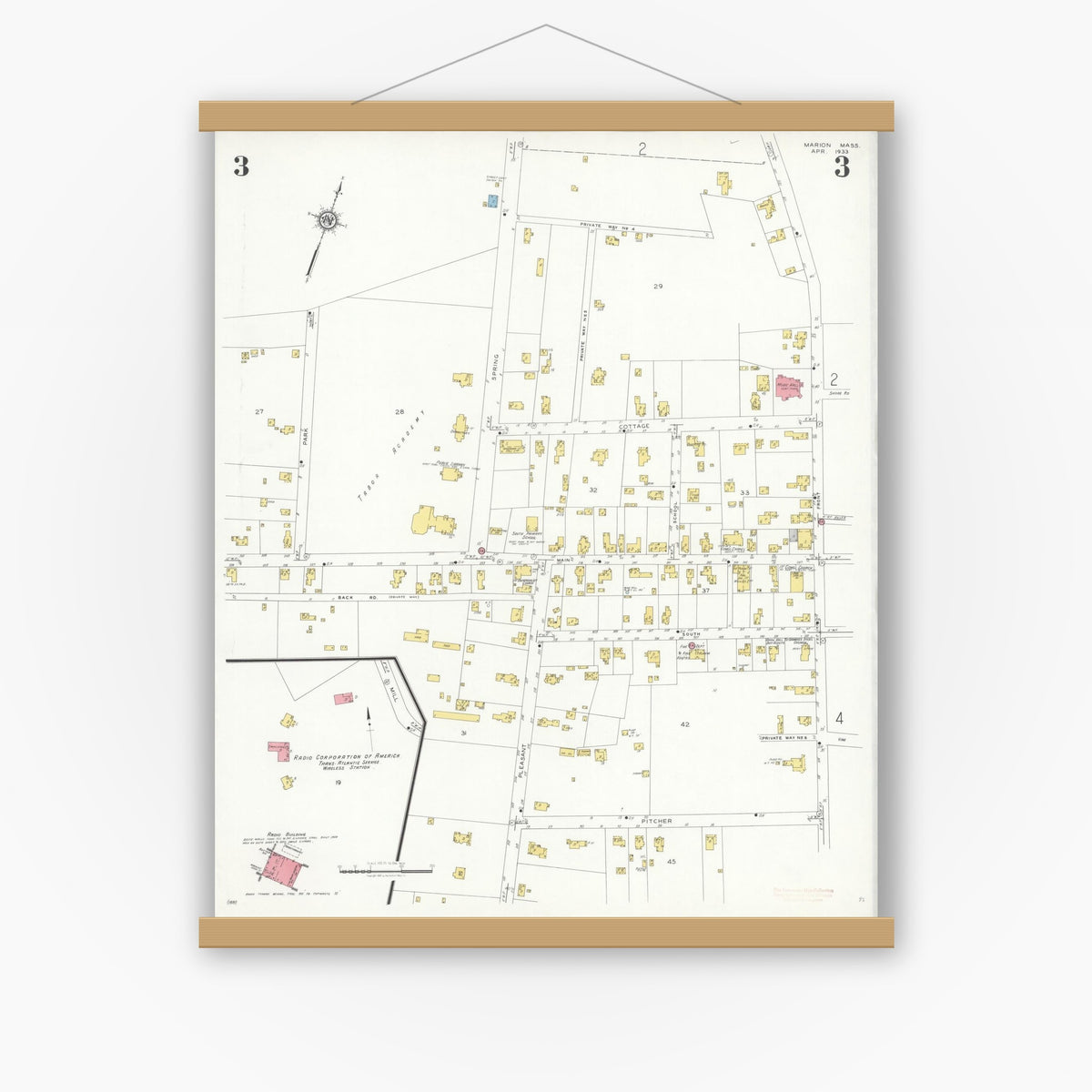 Old map wall art mockup — magnetic wood frame on white wall — Sanborn Fire Insurance Map from Marion, Plymouth County, Massachusetts (1933), Sheet #0003