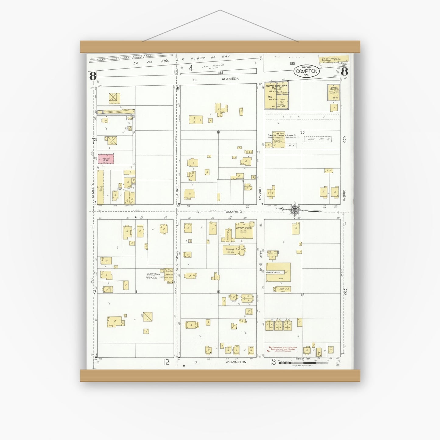 Old map wall art mockup — magnetic wood frame on white wall — Sanborn Fire Insurance Map from Compton, Los Angeles County, California (1925), Sheet #0008