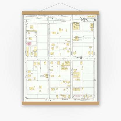 Old map wall art mockup — magnetic wood frame on white wall — Sanborn Fire Insurance Map from Compton, Los Angeles County, California (1925), Sheet #0008