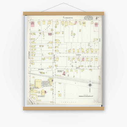 Old map wall art mockup — magnetic wood frame on white wall — Sanborn Fire Insurance Map from Jamestown, Greene County, Ohio (1910), Sheet #0004