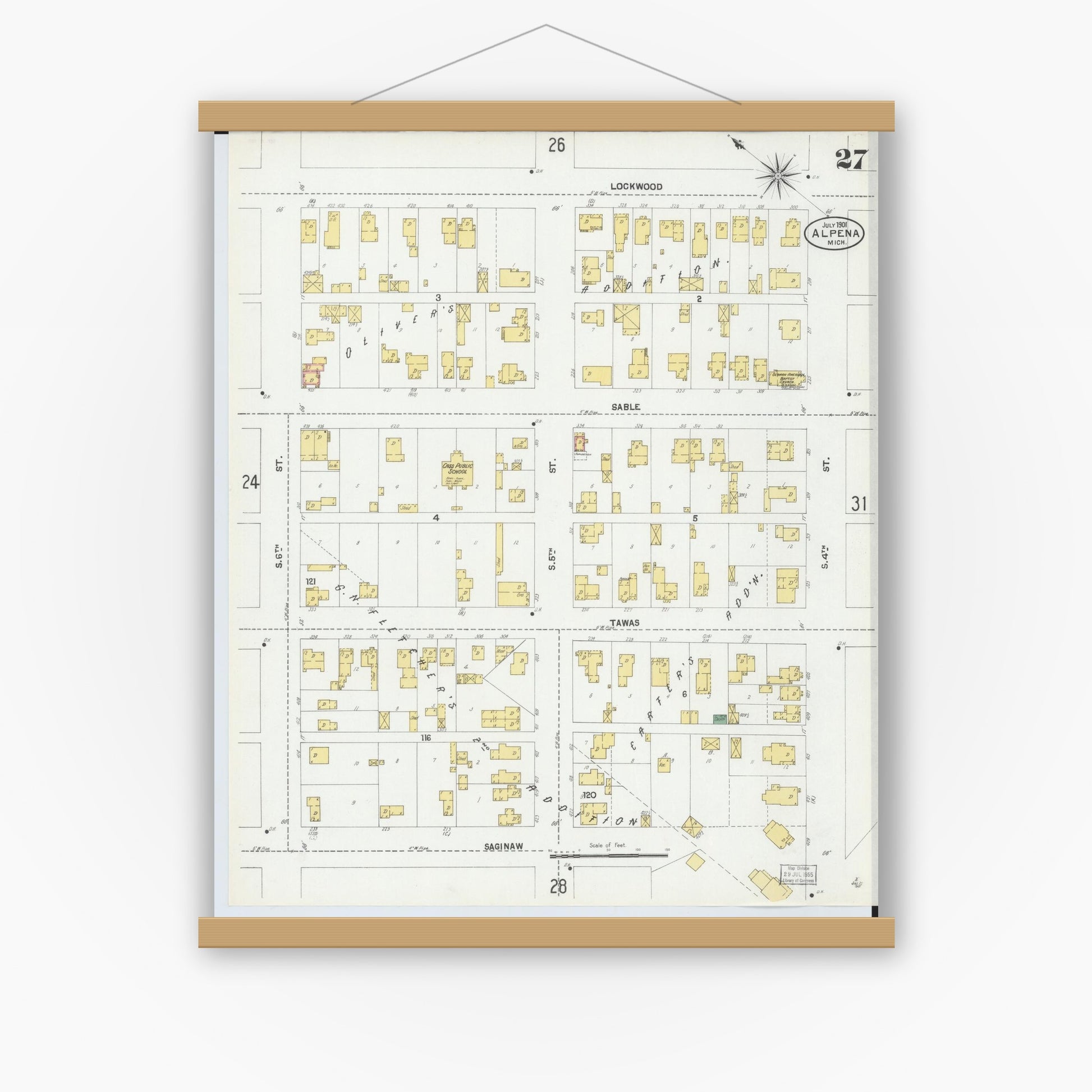 Old map wall art mockup — magnetic wood frame on white wall — Sanborn Fire Insurance Map from Alpena, Alpena County, Michigan (1901), Sheet #0027