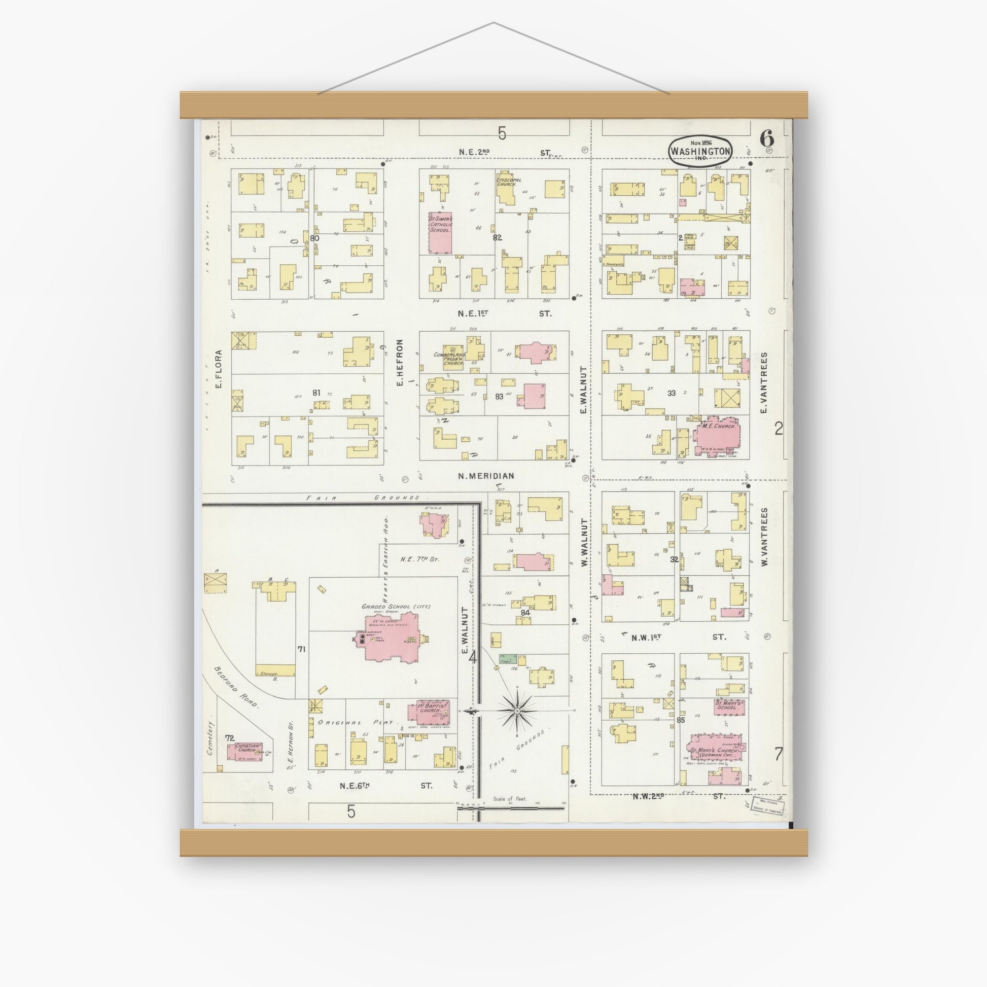Old map wall art mockup — magnetic wood frame on white wall — Sanborn Fire Insurance Map from Washington, Daviess County, Indiana (1896), Sheet #0006