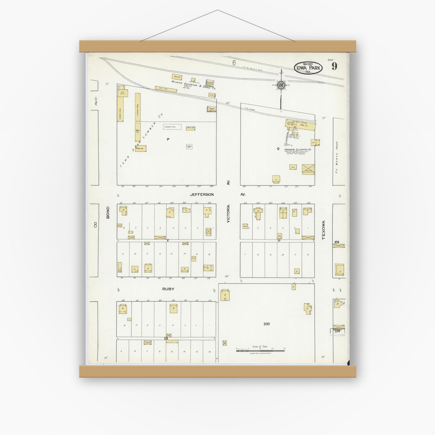Old map wall art mockup — magnetic wood frame on white wall — Sanborn Fire Insurance Map from Iowa Park, Wichita County, Texas (1921), Sheet #0009