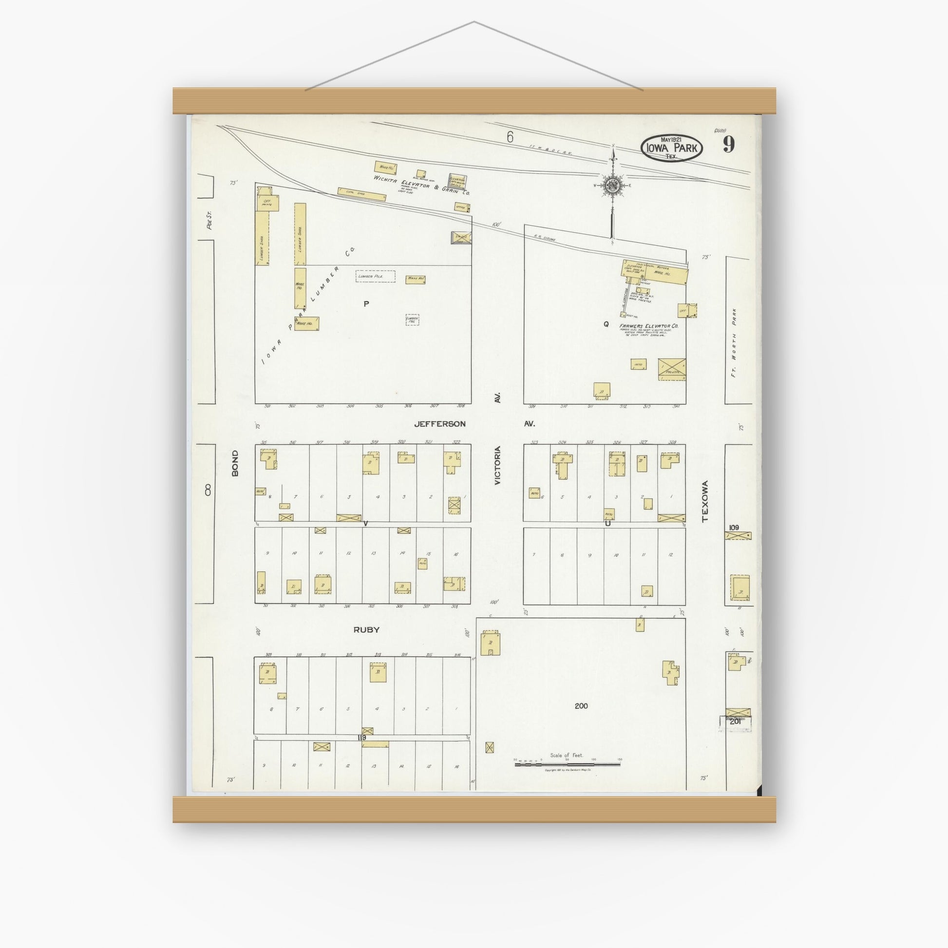 Old map wall art mockup — magnetic wood frame on white wall — Sanborn Fire Insurance Map from Iowa Park, Wichita County, Texas (1921), Sheet #0009