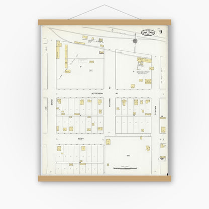 Old map wall art mockup — magnetic wood frame on white wall — Sanborn Fire Insurance Map from Iowa Park, Wichita County, Texas (1921), Sheet #0009