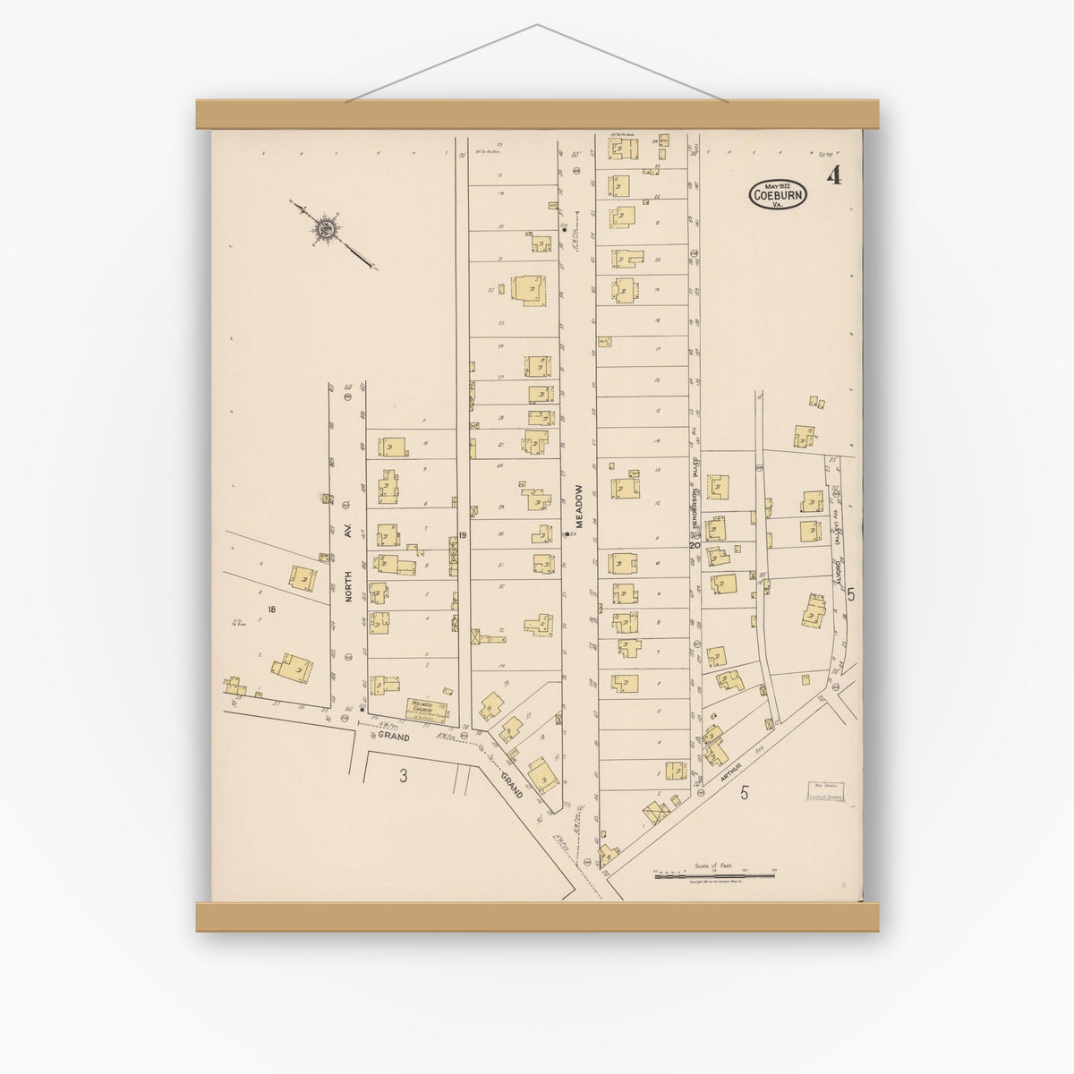 Old map wall art mockup — magnetic wood frame on white wall — Sanborn Fire Insurance Map from Coeburn, Wise County, Virginia (1922), Sheet #0004