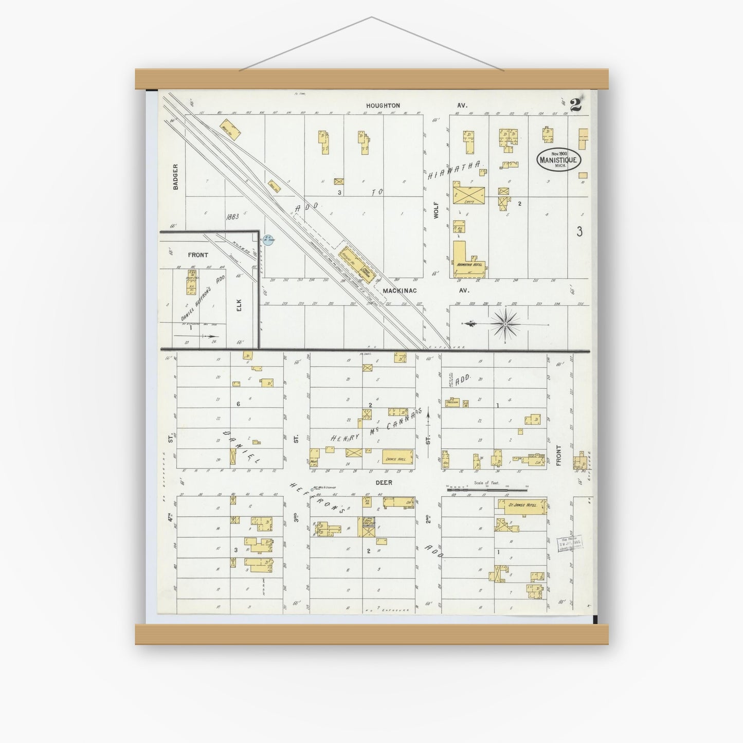 Old map wall art mockup — magnetic wood frame on white wall — Sanborn Fire Insurance Map from Manistique, Schoolcraft County, Michigan (1900), Sheet #0002