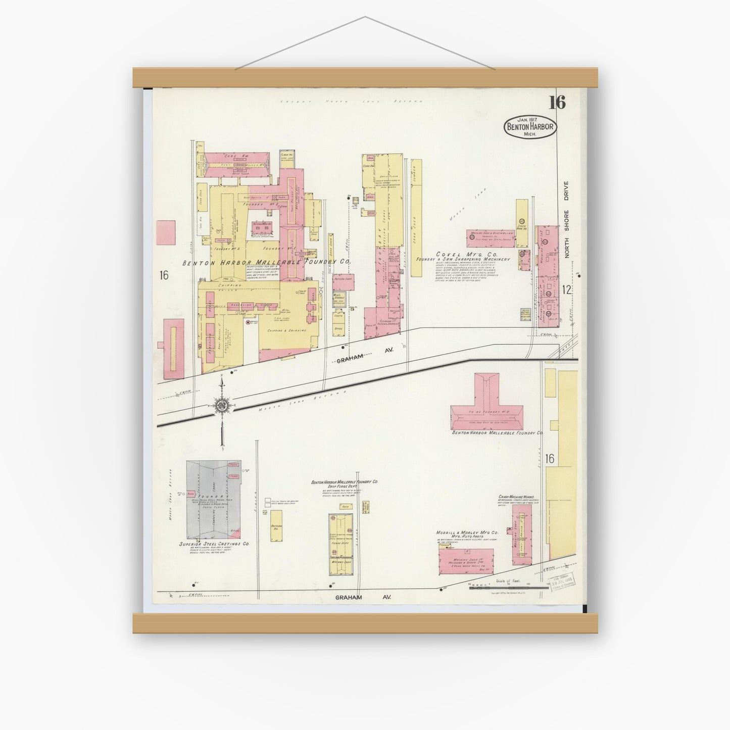 Old map wall art mockup — magnetic wood frame on white wall — Sanborn Fire Insurance Map from Benton Harbor, Berrien County, Michigan (1917), Sheet #0016