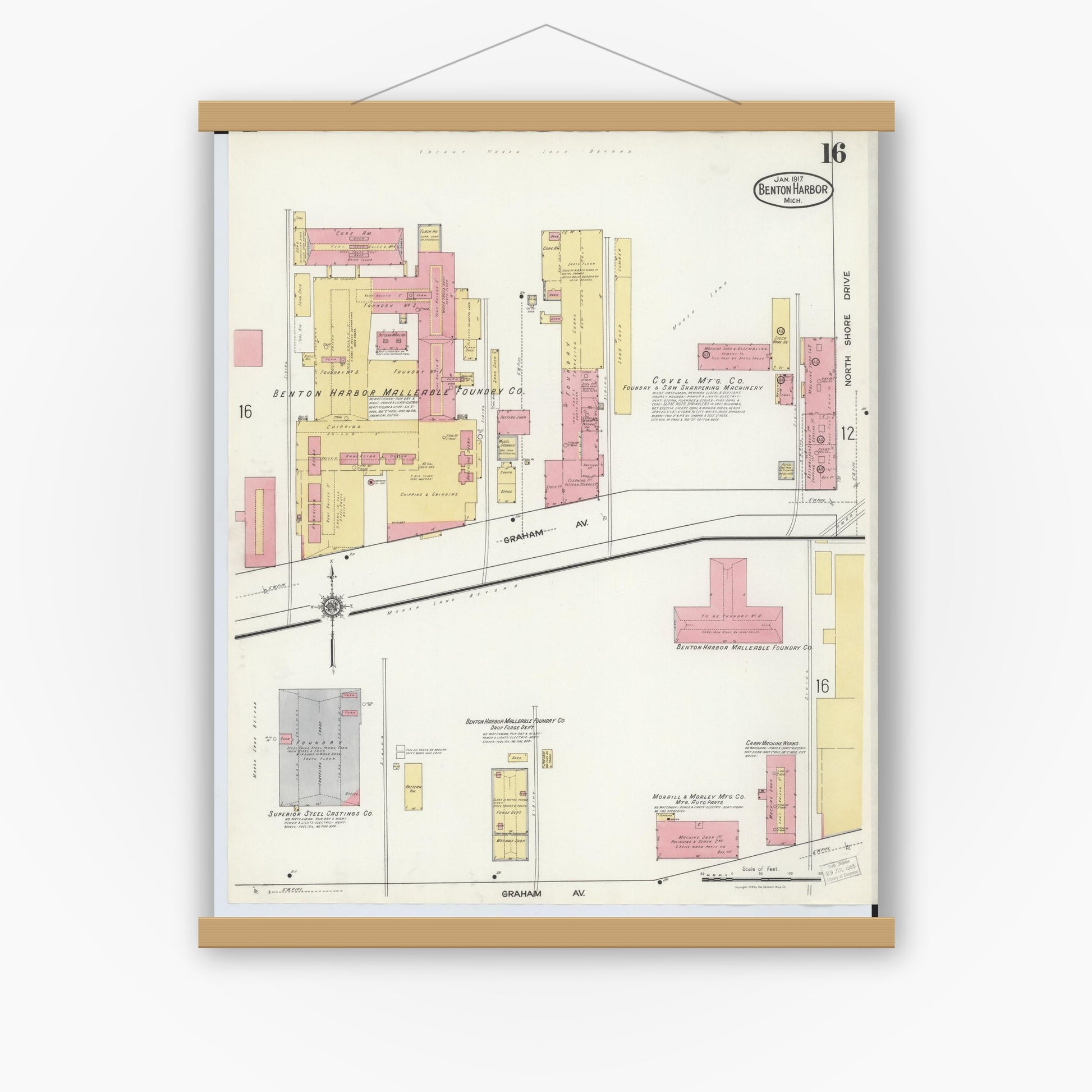 Old map wall art mockup — magnetic wood frame on white wall — Sanborn Fire Insurance Map from Benton Harbor, Berrien County, Michigan (1917), Sheet #0016