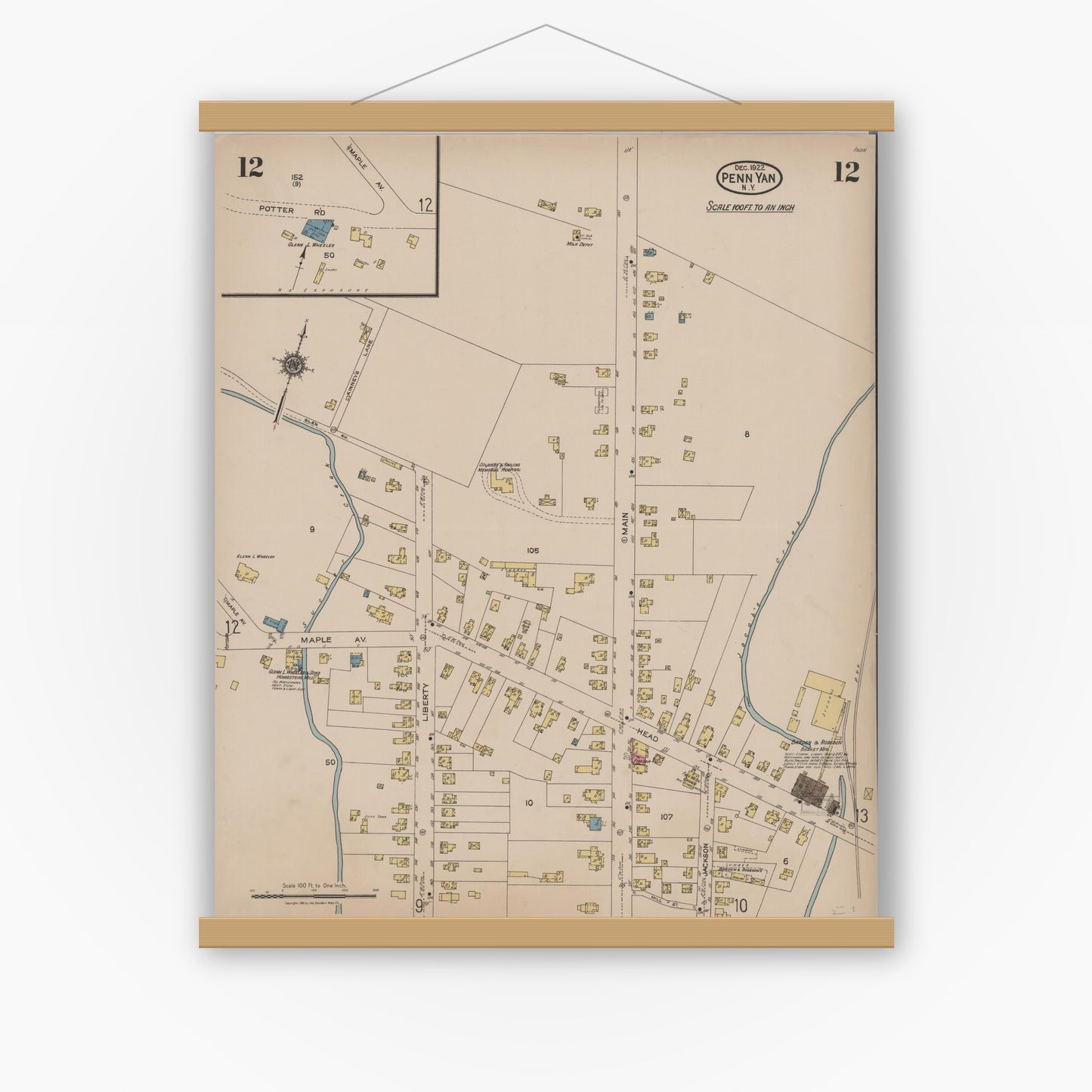 Old map wall art mockup — magnetic wood frame on white wall — Sanborn Fire Insurance Map from Penn Yan, Yates County, New York (1922), Sheet #0012