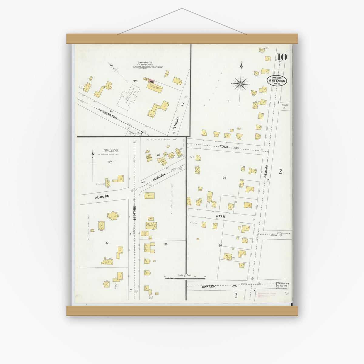 Old map wall art mockup — magnetic wood frame on white wall — Sanborn Fire Insurance Map from Whitman, Plymouth County, Massachusetts (1905), Sheet #0010