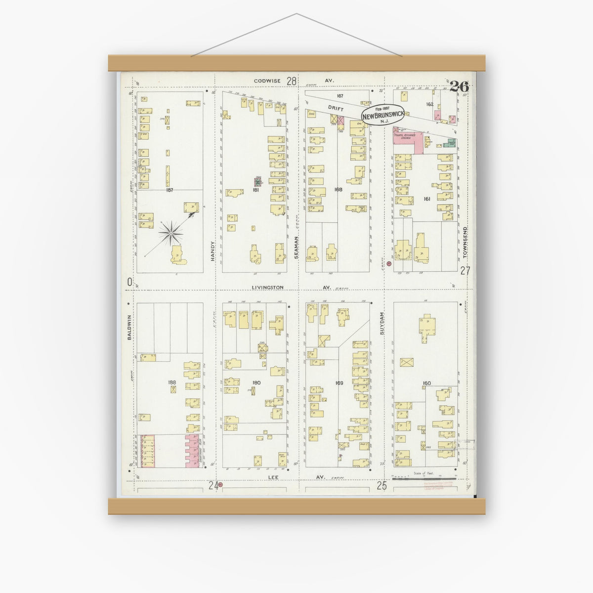 Old map wall art mockup — magnetic wood frame on white wall — Sanborn Fire Insurance Map from New Brunswick, Middlesex County, New Jersey (1897), Sheet #0026