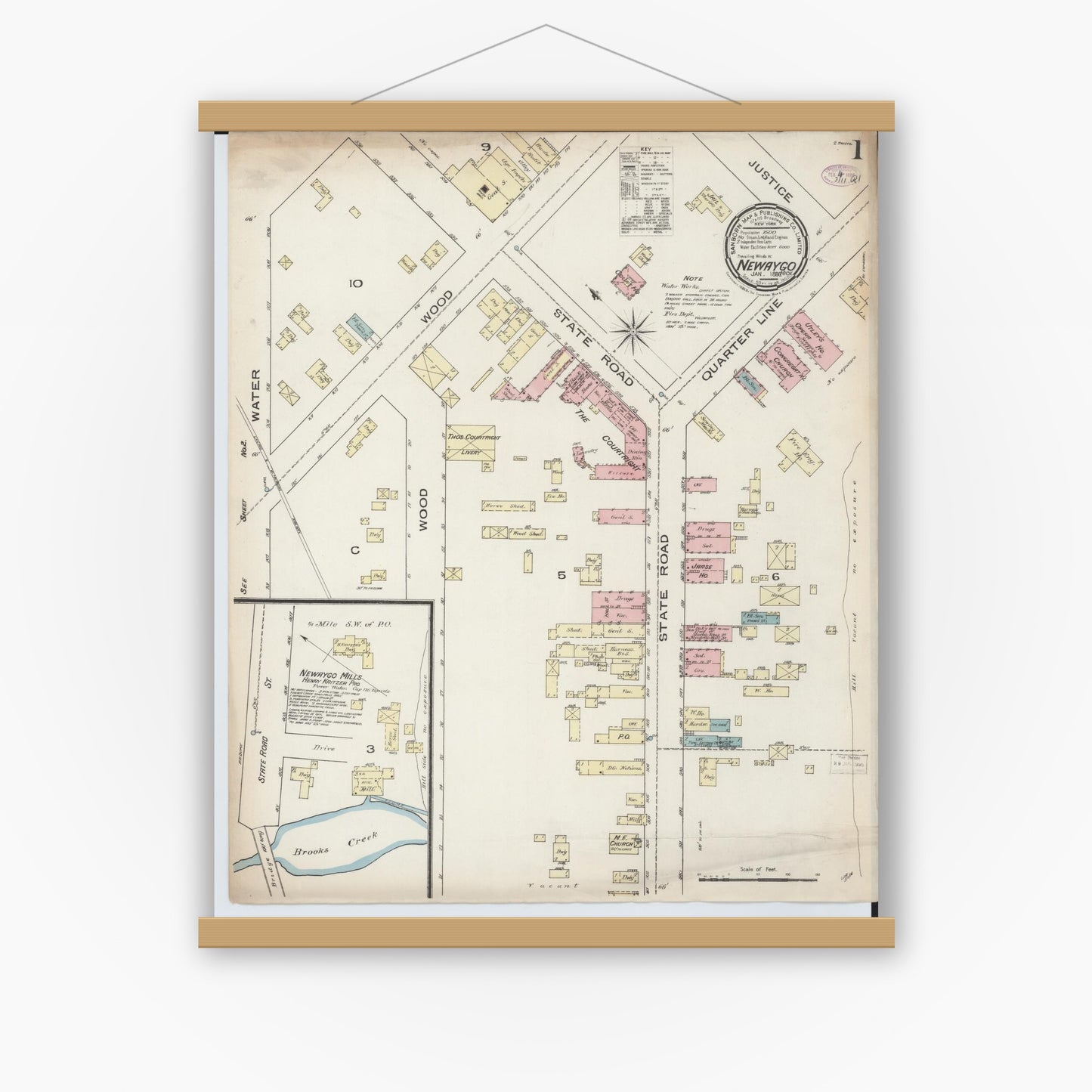Old map wall art mockup — magnetic wood frame on white wall — Sanborn Fire Insurance Map from Newaygo, Newaygo County, Michigan (1886) - Complete Map Set