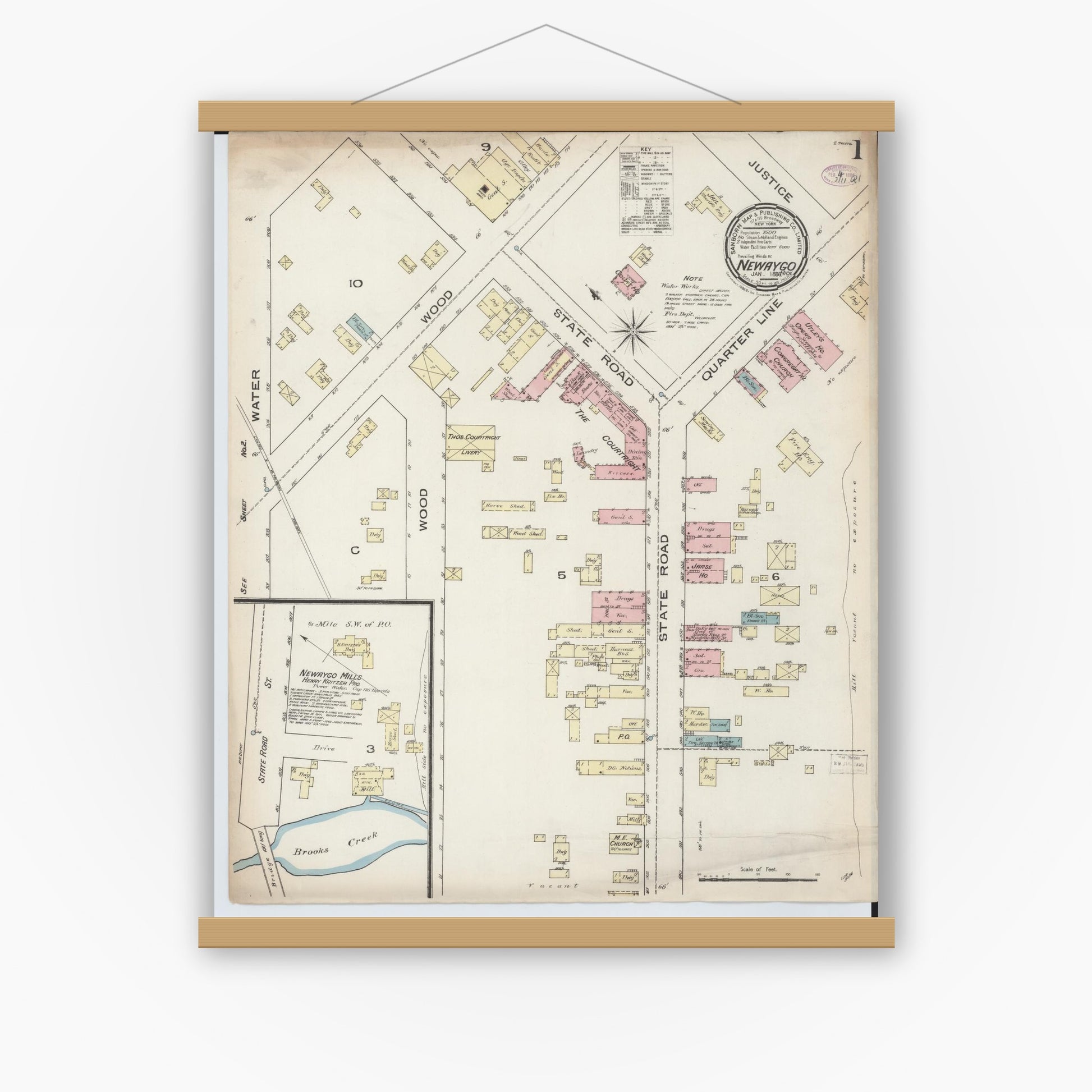 Old map wall art mockup — magnetic wood frame on white wall — Sanborn Fire Insurance Map from Newaygo, Newaygo County, Michigan (1886) - Complete Map Set