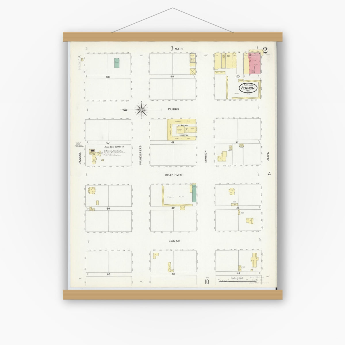 Old map wall art mockup — magnetic wood frame on white wall — Sanborn Fire Insurance Map from Vernon, Wilbarger County, Texas (1907), Sheet #0002