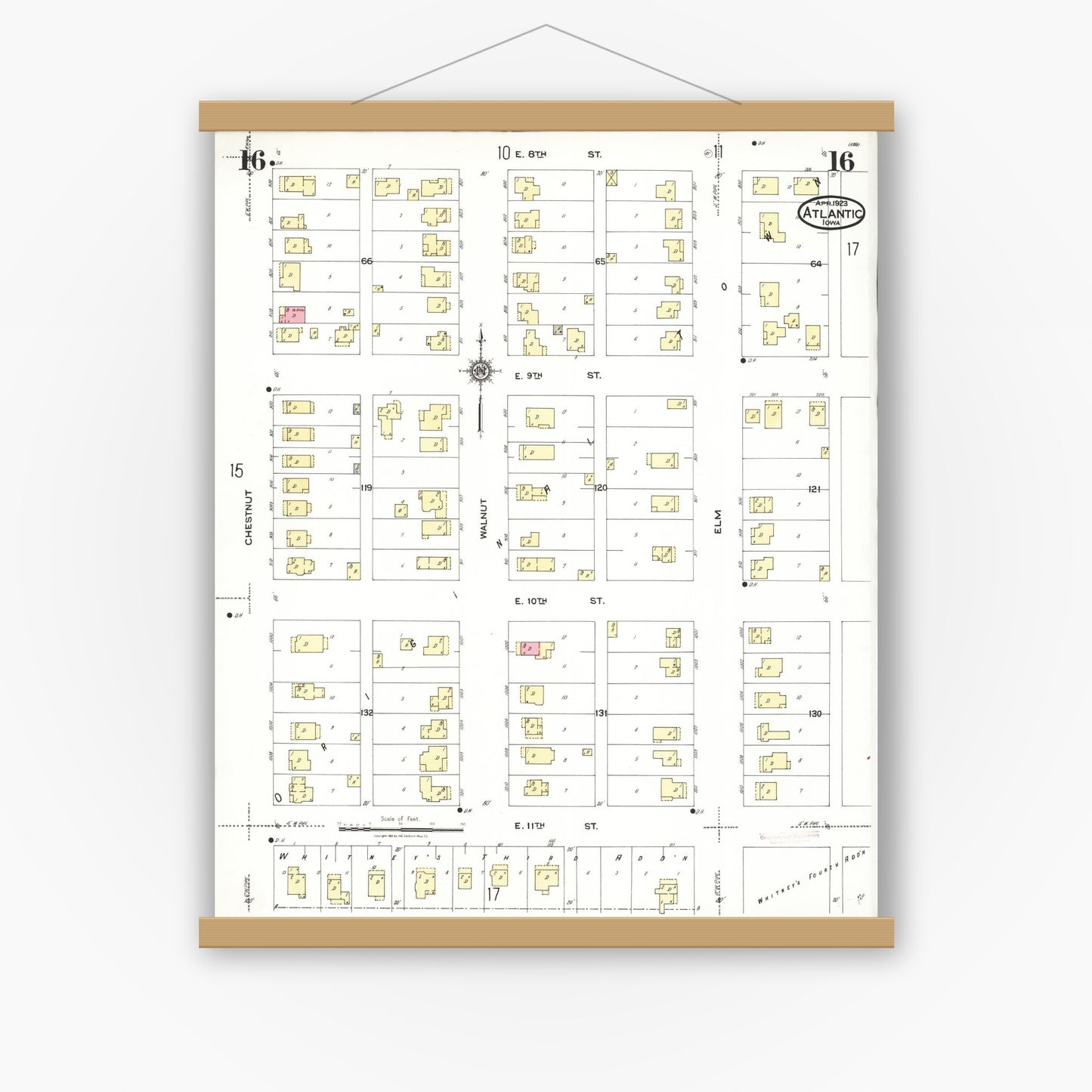 Old map wall art mockup — magnetic wood frame on white wall — Sanborn Fire Insurance Map from Atlantic, Cass County, Iowa (1923), Sheet #0016