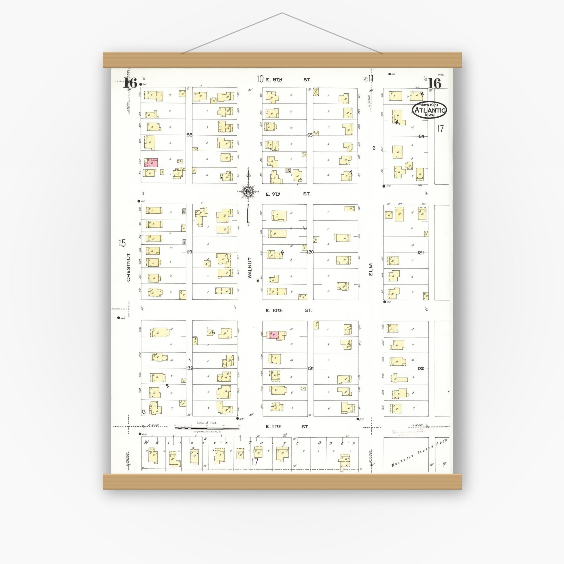 Old map wall art mockup — magnetic wood frame on white wall — Sanborn Fire Insurance Map from Atlantic, Cass County, Iowa (1923), Sheet #0016