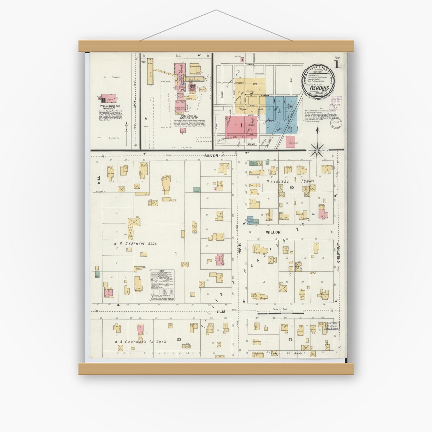 Old map wall art mockup — magnetic wood frame on white wall — Sanborn Fire Insurance Map from Reading, Hillsdale County, Michigan (1901) - Complete Map Set