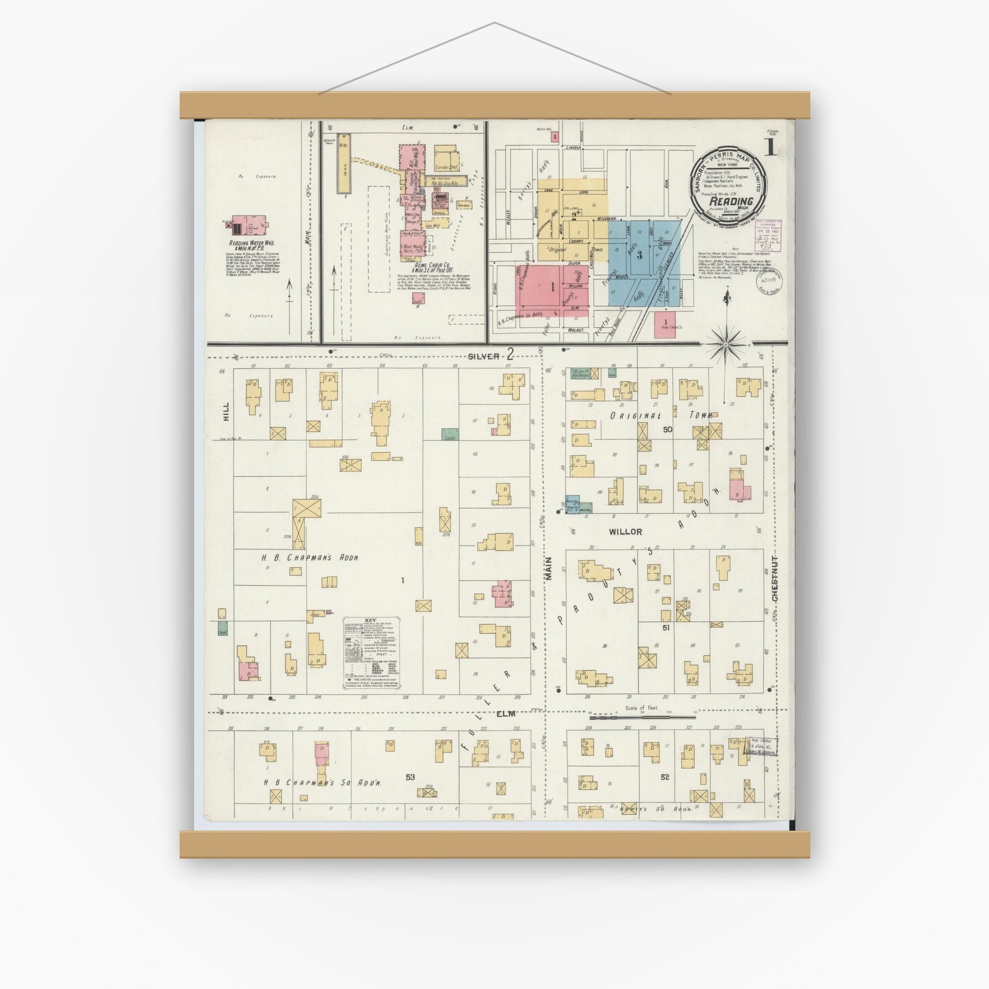 Old map wall art mockup — magnetic wood frame on white wall — Sanborn Fire Insurance Map from Reading, Hillsdale County, Michigan (1901) - Complete Map Set