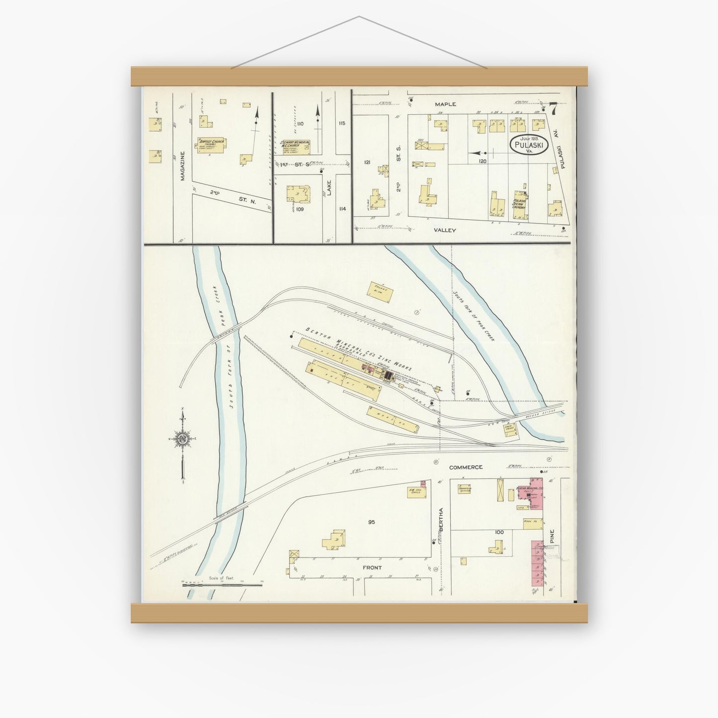 Old map wall art mockup — magnetic wood frame on white wall — Sanborn Fire Insurance Map from Pulaski, Pulaski County, Virginia (1913), Sheet #0007