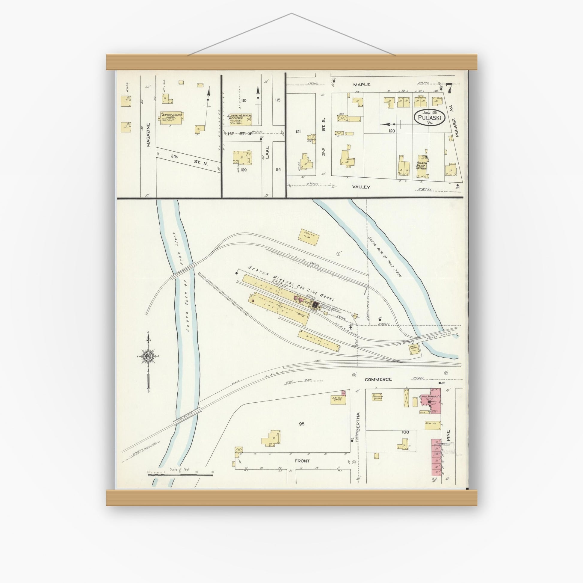 Old map wall art mockup — magnetic wood frame on white wall — Sanborn Fire Insurance Map from Pulaski, Pulaski County, Virginia (1913), Sheet #0007
