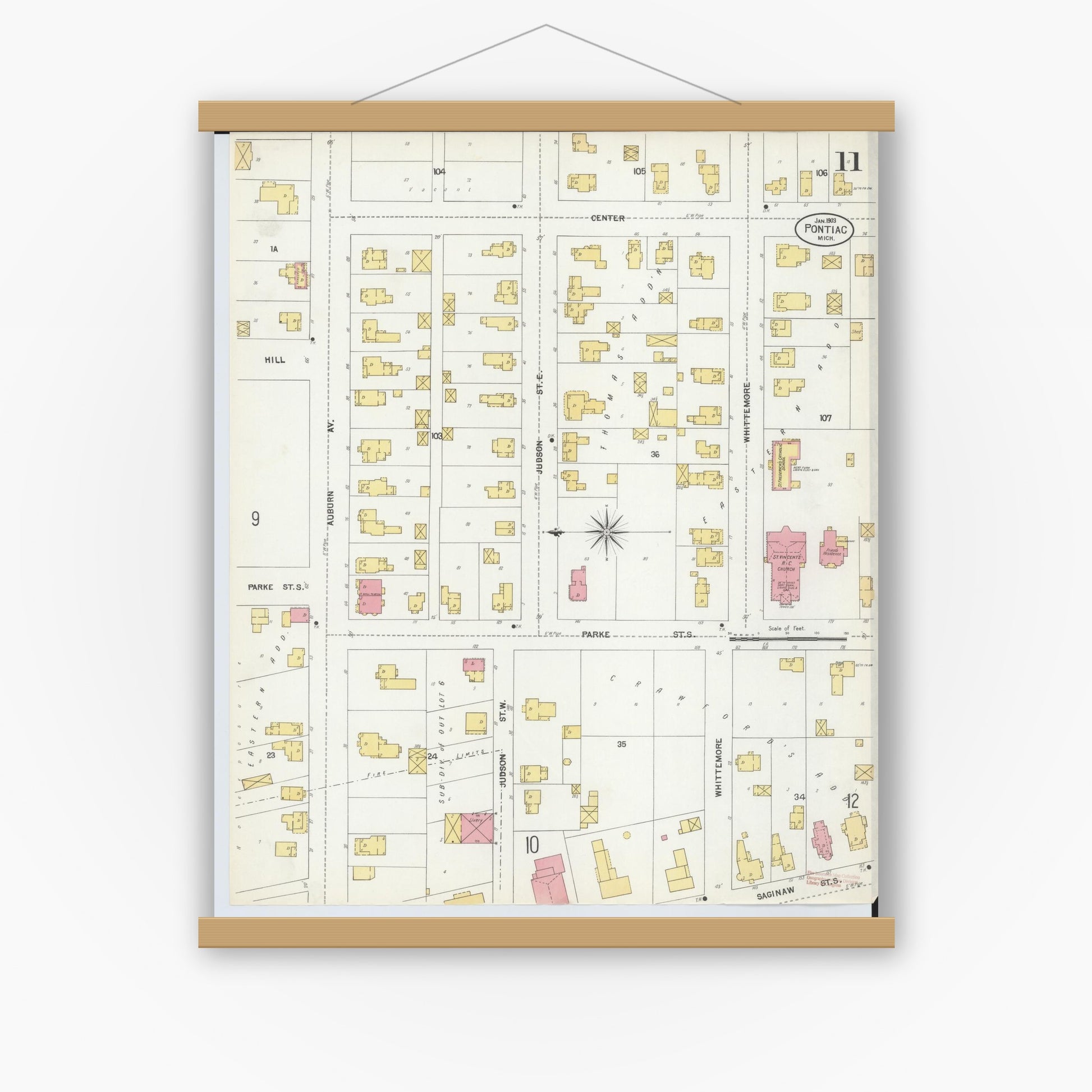 Old map wall art mockup — magnetic wood frame on white wall — Sanborn Fire Insurance Map from Pontiac, Oakland County, Michigan (1903), Sheet #0011