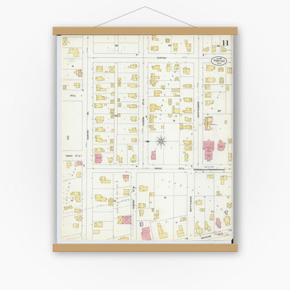 Old map wall art mockup — magnetic wood frame on white wall — Sanborn Fire Insurance Map from Pontiac, Oakland County, Michigan (1903), Sheet #0011