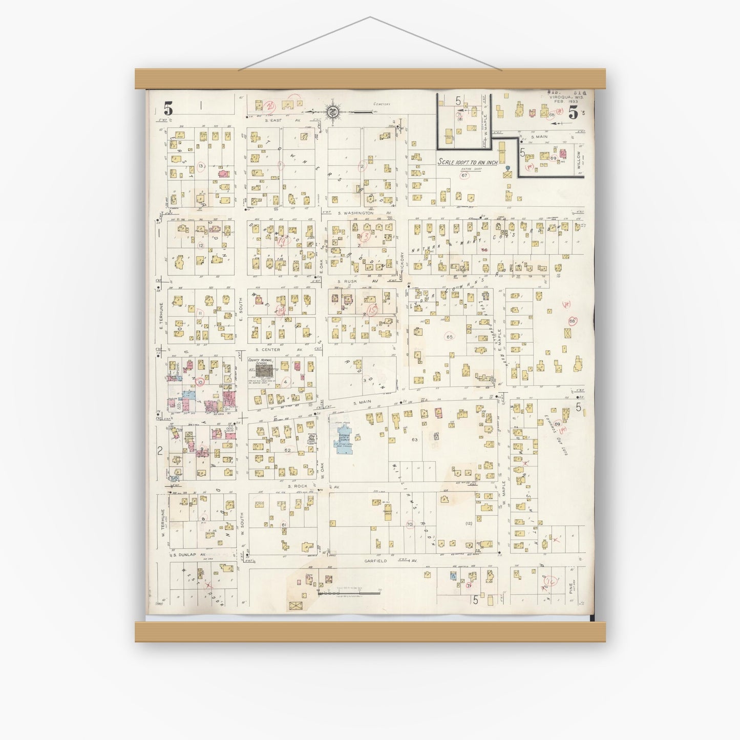 Old map wall art mockup — magnetic wood frame on white wall — Sanborn Fire Insurance Map from Viroqua, Vernon County, Wisconsin (1949), Sheet #0005
