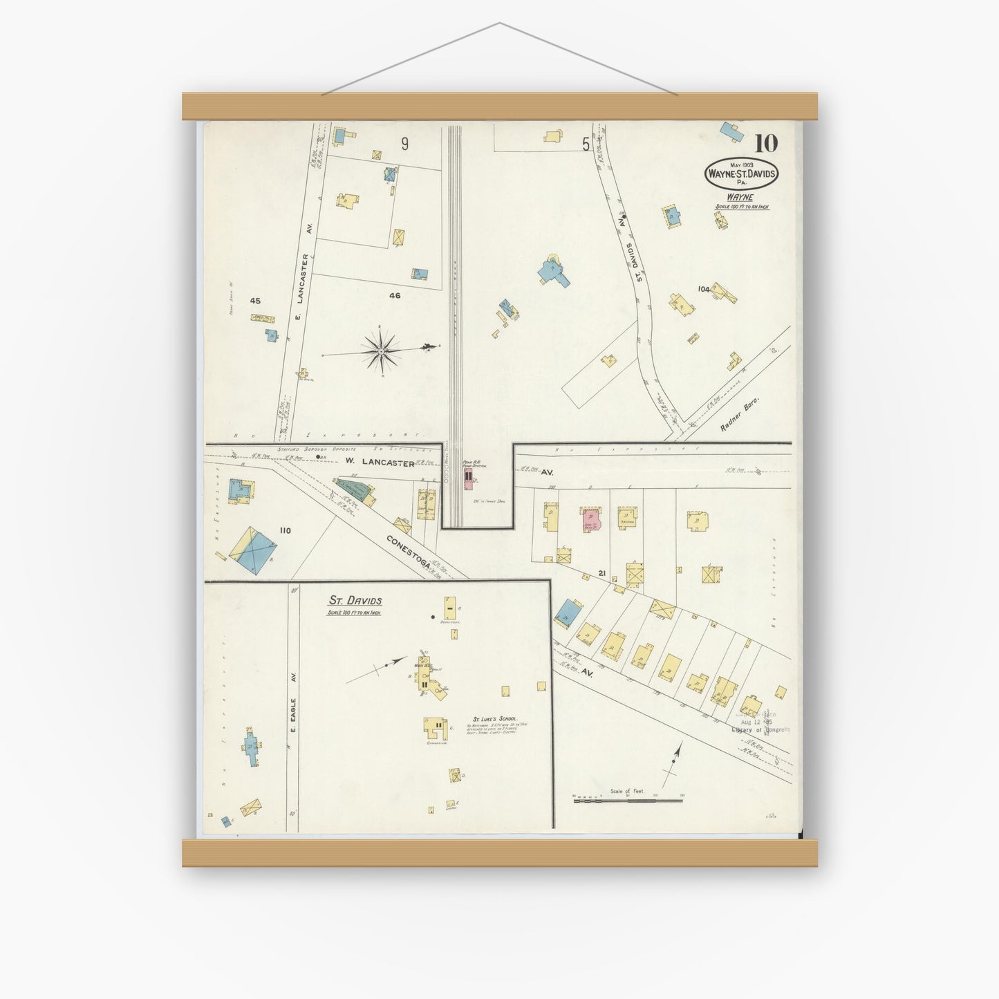 Old map wall art mockup — magnetic wood frame on white wall — Sanborn Fire Insurance Map from Wayne, Delaware County, Pennsylvania (1909), Sheet #0010