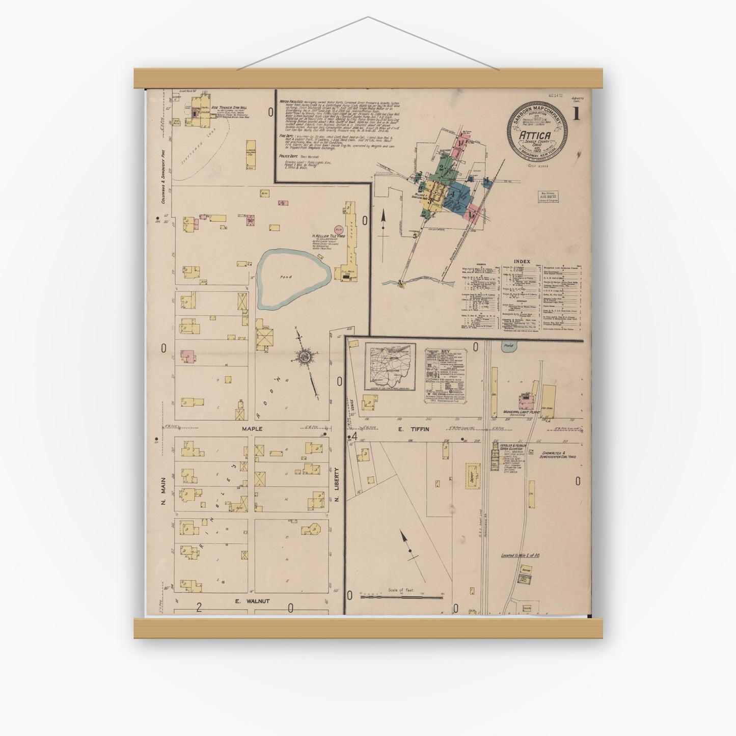 Old map wall art mockup — magnetic wood frame on white wall — Sanborn Fire Insurance Map from Attica, Seneca County, Ohio (1922), Sheet #0001