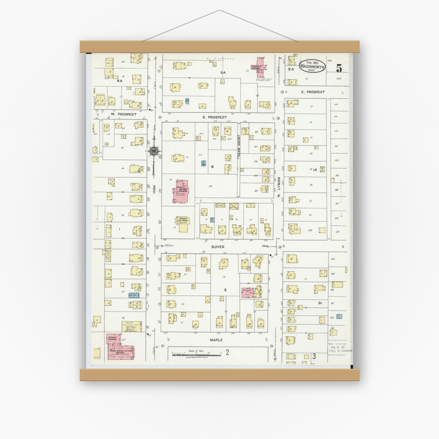 Old map wall art mockup — magnetic wood frame on white wall — Sanborn Fire Insurance Map from Wadsworth, Medina County, Ohio (1923), Sheet #0005