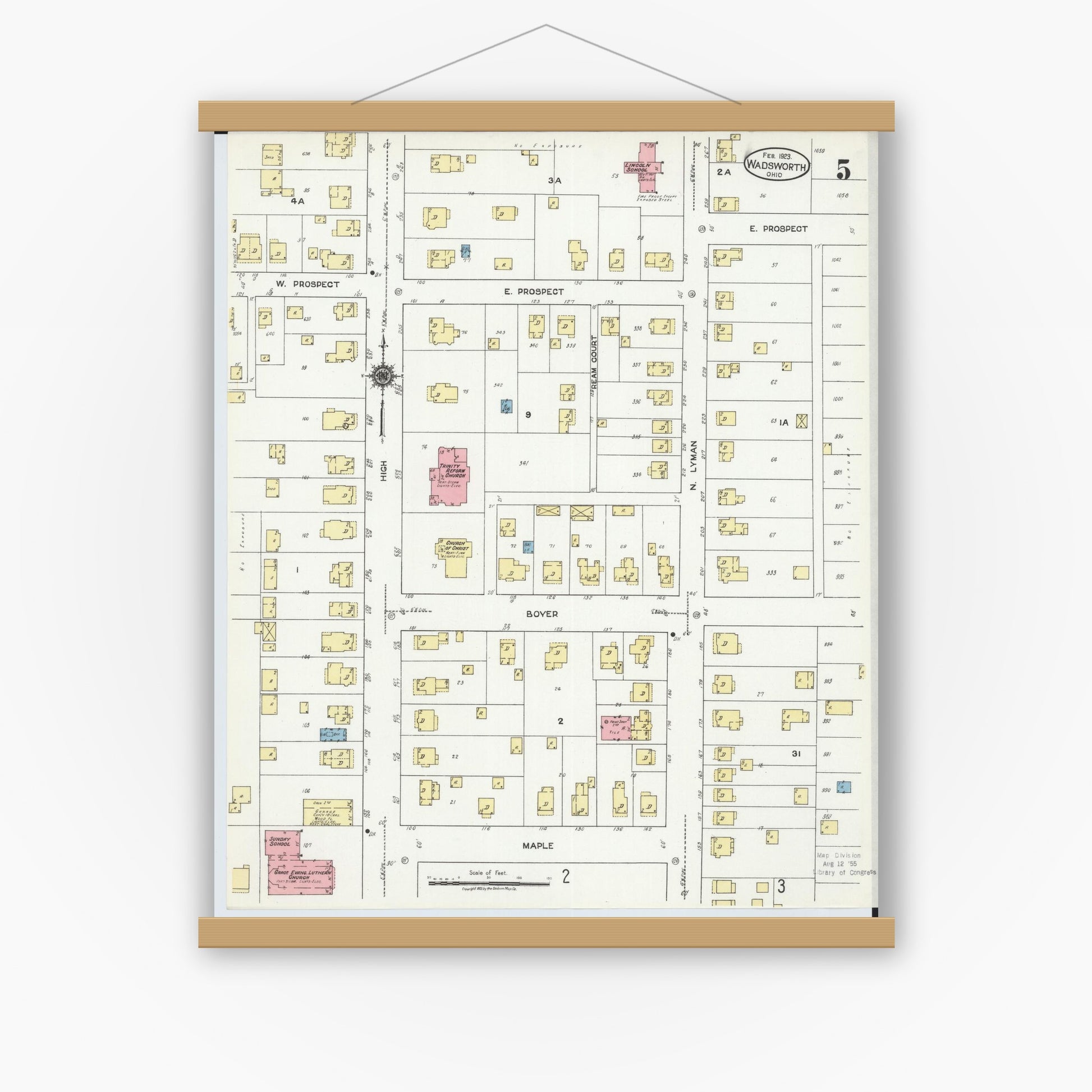 Old map wall art mockup — magnetic wood frame on white wall — Sanborn Fire Insurance Map from Wadsworth, Medina County, Ohio (1923), Sheet #0005