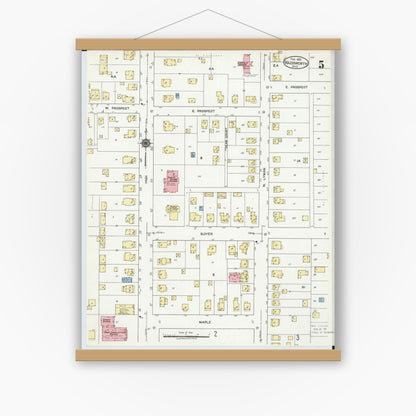 Old map wall art mockup — magnetic wood frame on white wall — Sanborn Fire Insurance Map from Wadsworth, Medina County, Ohio (1923), Sheet #0005