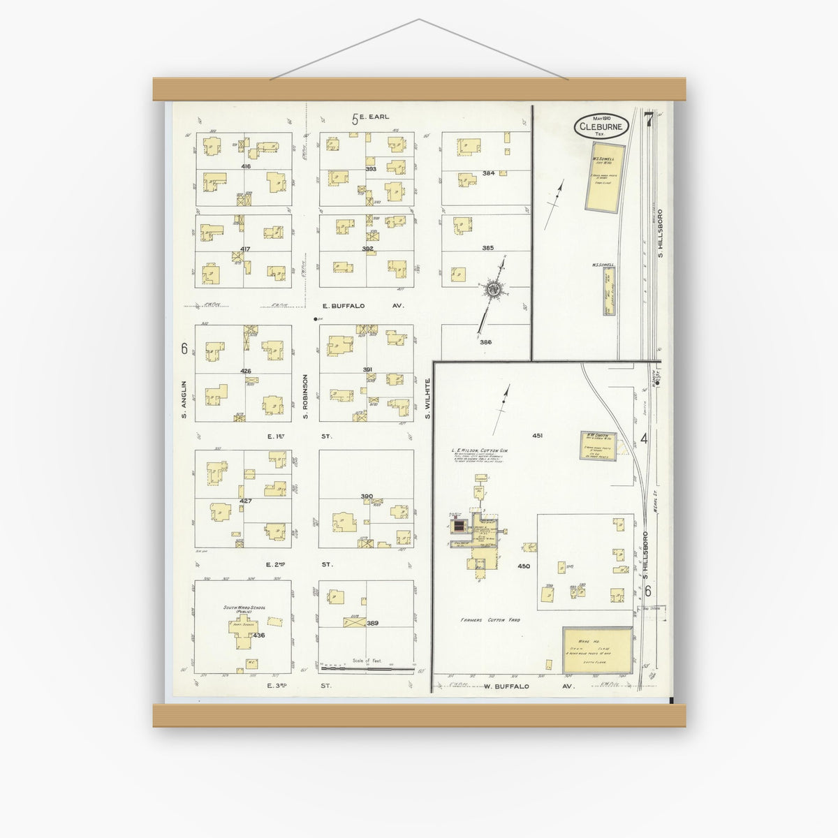 Old map wall art mockup — magnetic wood frame on white wall — Sanborn Fire Insurance Map from Cleburne, Johnson County, Texas (1910), Sheet #0007