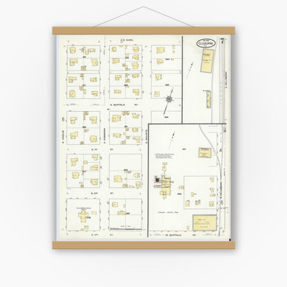 Old map wall art mockup — magnetic wood frame on white wall — Sanborn Fire Insurance Map from Cleburne, Johnson County, Texas (1910), Sheet #0007